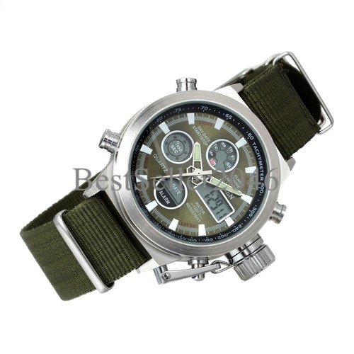 Men Military Army Green Analog Digital Quartz Nylon Canvas Wrist Watch Sport US - Picture 3 of 9