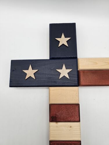 Rustic Primitive Wooden Cross With American Flag Wall Art - Picture 2 of 8
