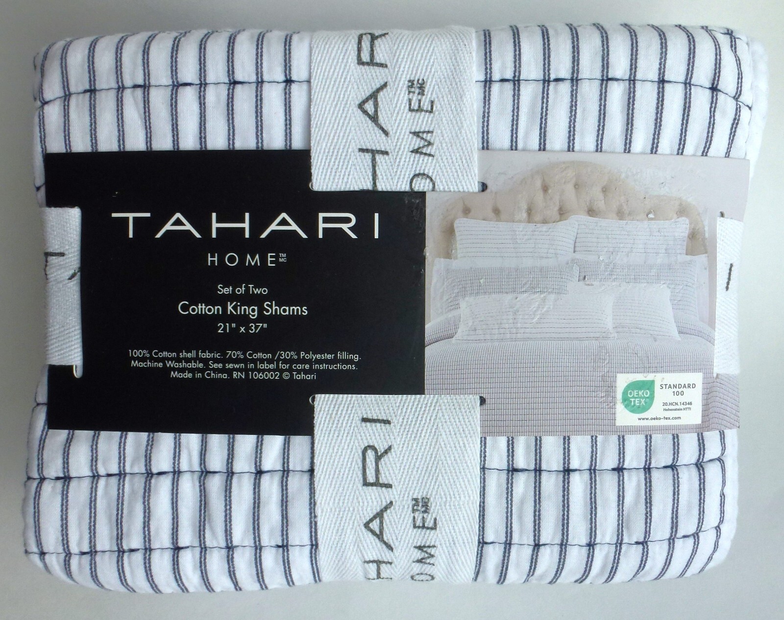 TAHARI Set of 2 Stripe Quilted KING PILLOW SHAMS 100 Cotton 21" x 37