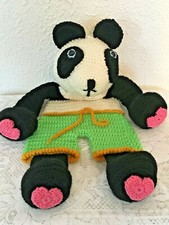 HAND CROCHETED BABY LOVEY PANDA BEAR 20" LONG CUTE GREEN SHORTS HEARTS ON PAWS