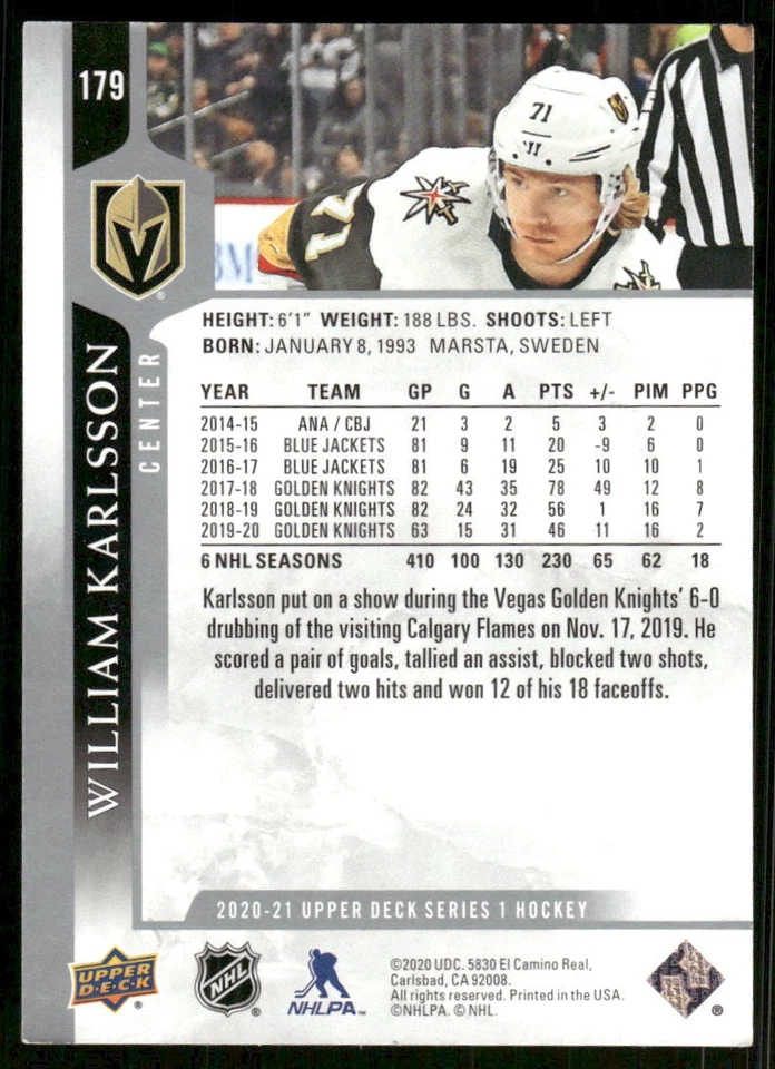 2020-21 Upper Deck #179 William Karlsson - Image 2 of 2