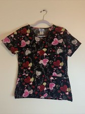SB Scrubs Black Multi-Color Love Heart V-Neck Scrub Top Medical Uniform XS