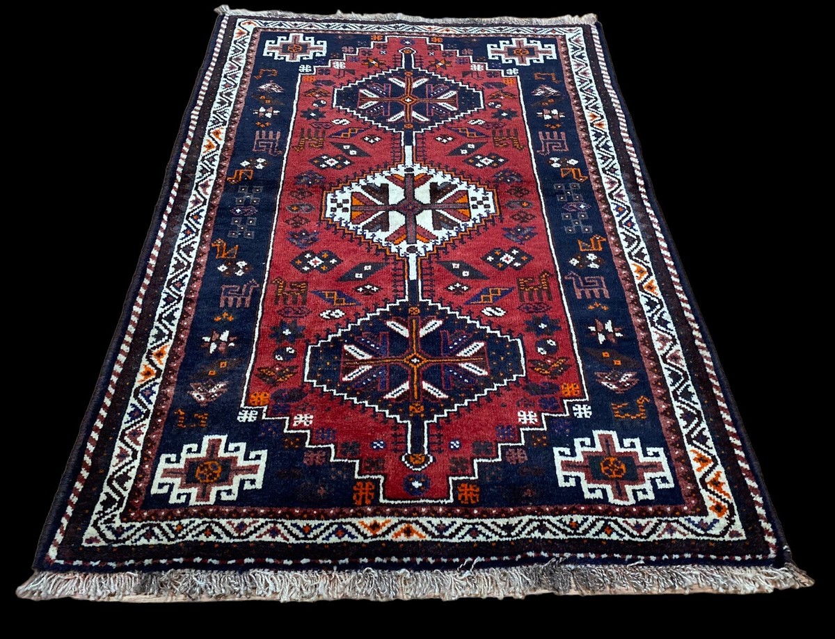 GEOMETRIC RED/BLUE Wool QASHQAI Handmade Shira z Tribal Thick Rug