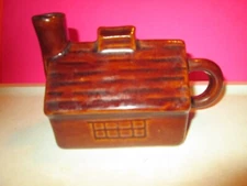 Vintage Teapot TEA POT Brown Stoneware GLASS LOG CABIN Glazed DISPLAY ONLY READ