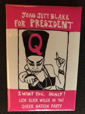 JOAN JETT BLAKK FOR PRESIDENT QUEER NATION PARTY ‘96 LGBTQ pinback button pin