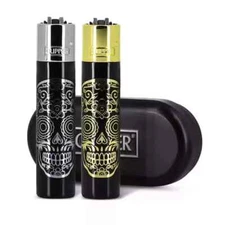 CLIPPER REFILLABLE FULL METAL LIGHTER MEXICAN SKULL WITH METAL TIN 1 - 12 PACK