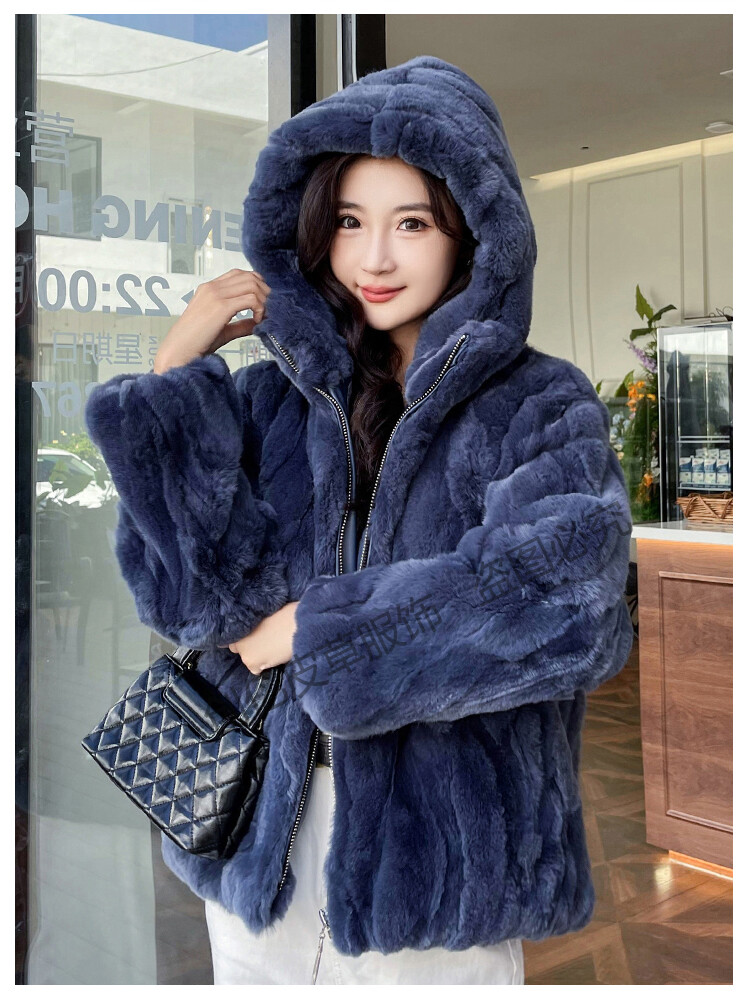 Winter Hooded Womens Real Rex Rabbit Fur Short Coat Jacket Zip