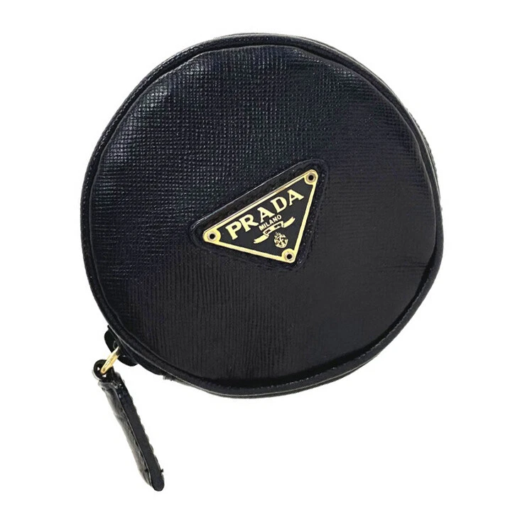 PRADA Round Coin Purse Mini Pouch Black Saffiano Leather Triangle