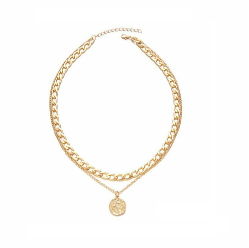 Simple Double Layered Jewelry Chunky Gold Chain Choker Coin Pendant Necklace New - Picture 4 of 7