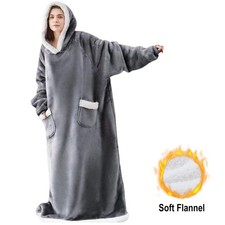 Wearable Blanket Hoodie Long Sherpa Fleece Blanket Sweatshirt Winter Warm Pocket