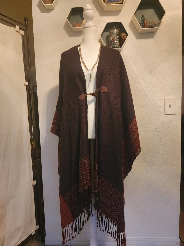 Catherine's Brown Knit Shawl/Wrap Suede Toggle Closure And Fringe OSFM EUC - Image 2 of 4