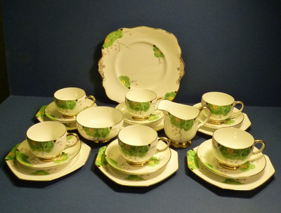 Paragon Teeservice Trios X6 Zuckerdose Milchkännchen Kuchenteller 30er Jahre grün Blumen