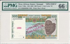 Banque Centrale West African States  500 Francs 1991-2002 Specimen PMG  66EPQ