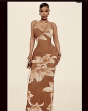 FASHION NOVA Kelly Floral Maxi Dress - Brown/combo- SMALL