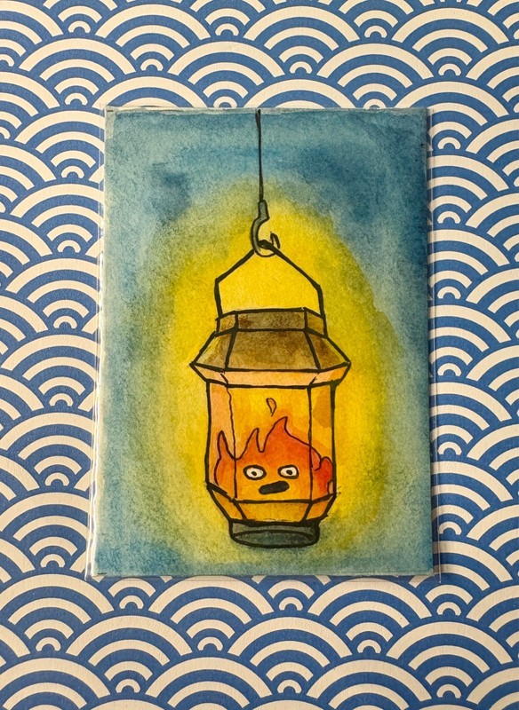 Studio Ghibli Fan Art Calcifer Contained ACEO Painted Art Card by KayshaLacyArt