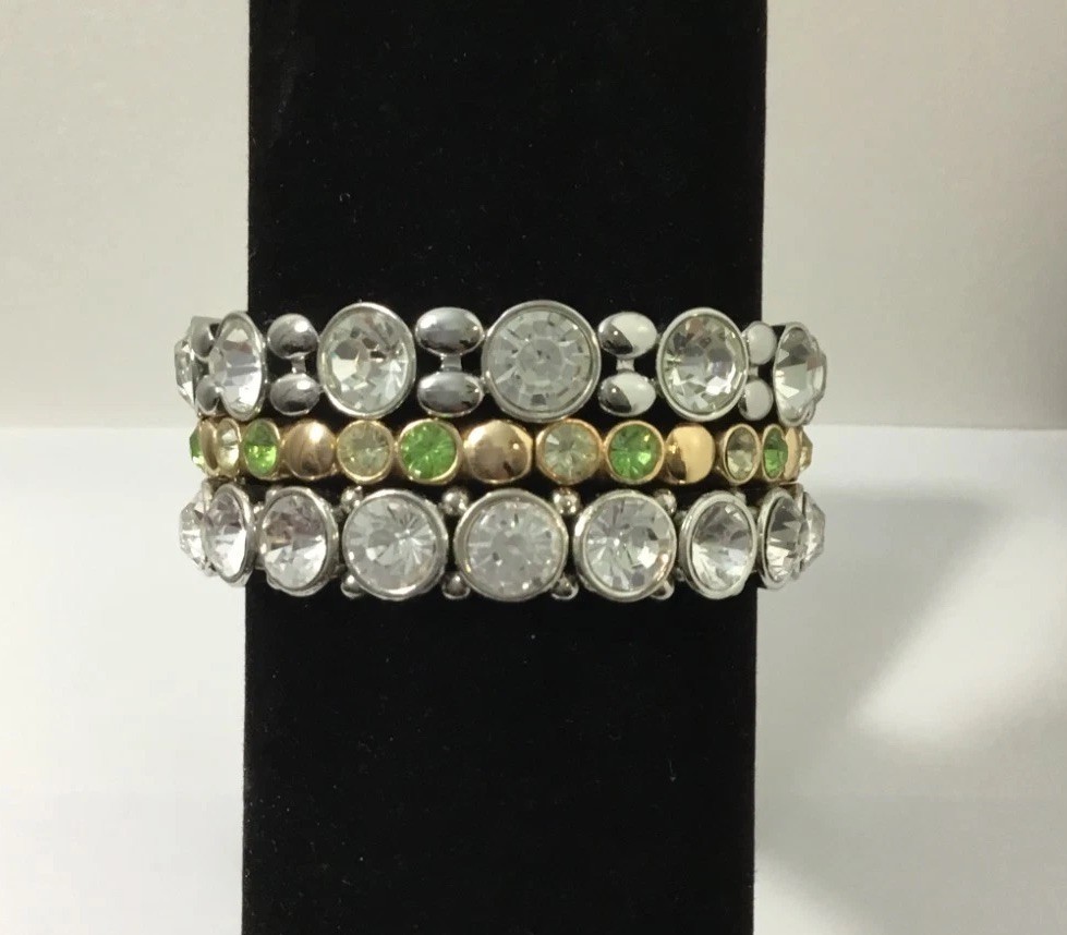 Rhinestone Stretch Bracelets 2 Silver Tone 1 Gold… - image 3