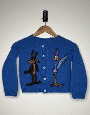 Vtg Wile E. Coyote Road Runner Looney Tunes Crocheted Sweater Cardigan Petite S