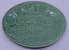 VINTAGE BORDALLO PINHEIRO GREEN MAJOLICA OVAL PLATTER, STRAWBERRY LEAVES, BASKET