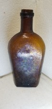 RARE Iridescent E Son H Ely & Hoyt Applied Lip Brown Coffin Whiskey Flask NY GL3