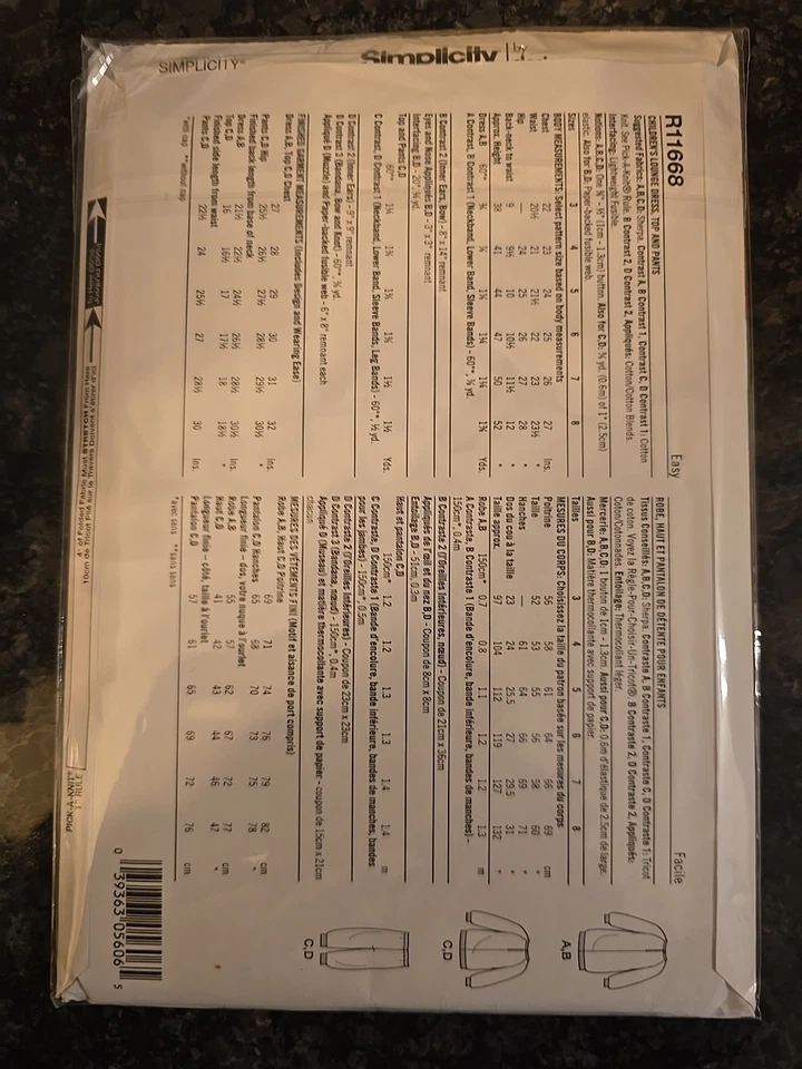 Simplicity R11668/ 9673 Childs Animal Pants Top Sewing Pattern Size 3-8 Uncut - Image 2 of 2