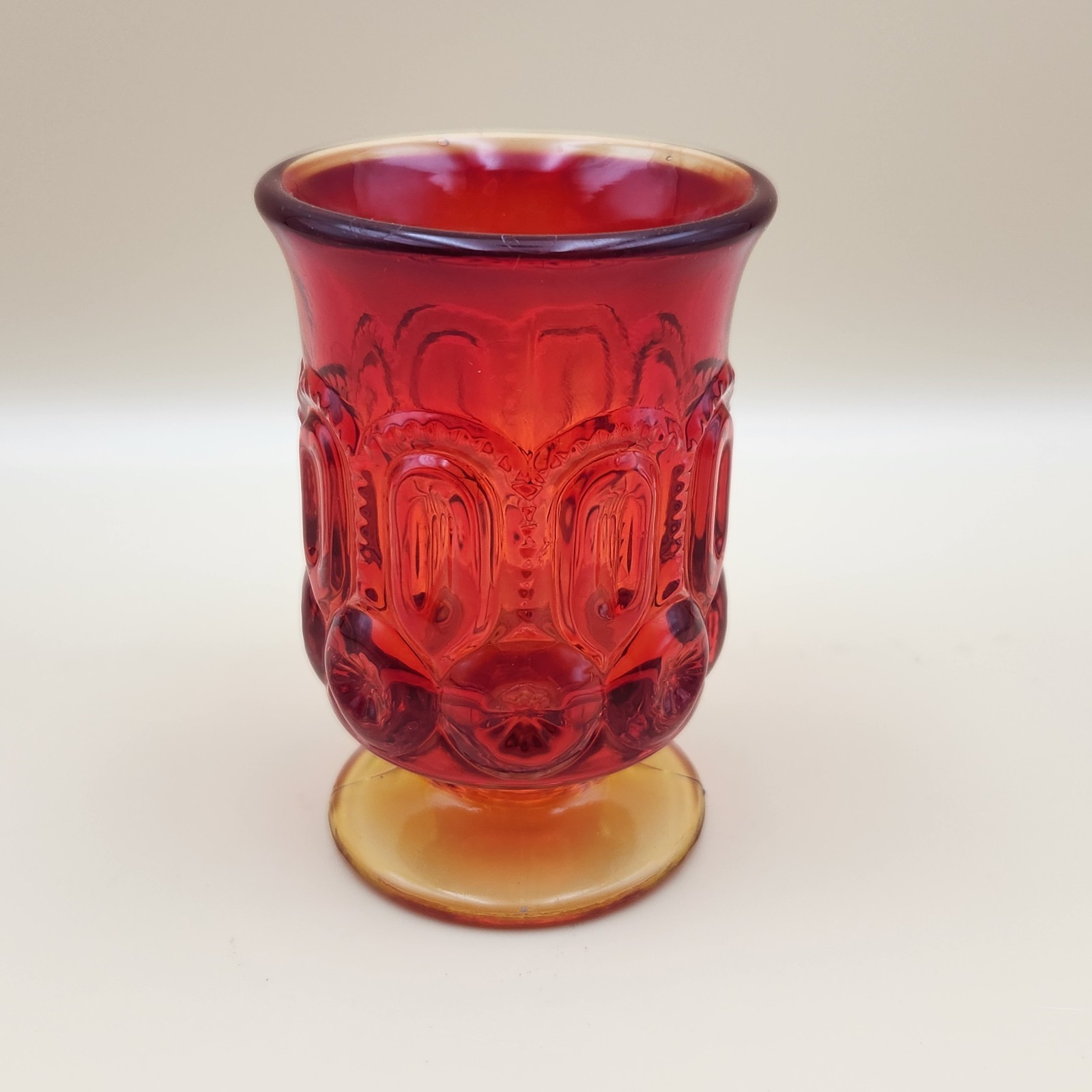 Vintage L.E. Smith Moon & Stars Pattern Glass Goblet, Amberina Red Cadmium Glow