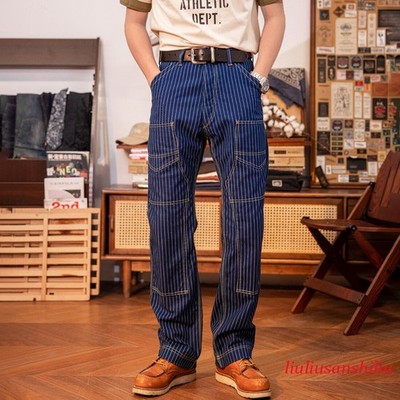 Men's Retro Indigo Wabash Trousers Railroad Stripe Miner Denim Work Pants