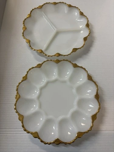Vintage Anchor Hocking Milk Glass Deviled Egg & Relish Plate Set Gold Trim 10”