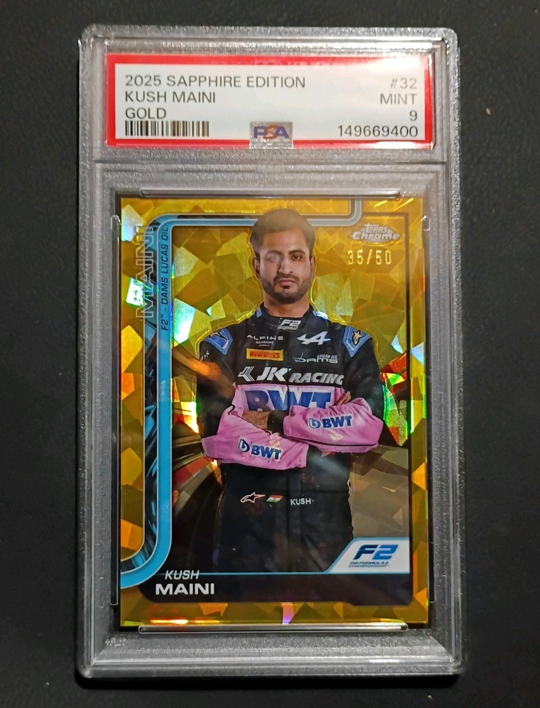 2025 Topps Chrome Sapphire Formula 1 F1 #32 Kush Maini Gold /50 PSA 9 