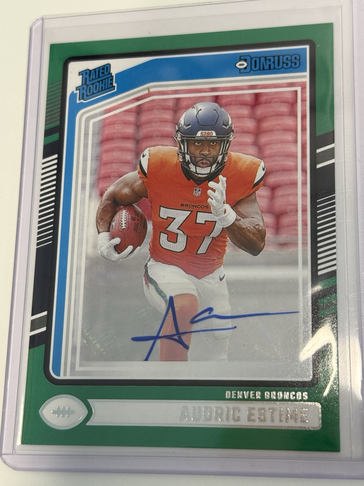 AUDRIC ESTIME 2024 Panini Donruss Rated Rookie Green Auto Denver Broncos #335