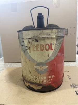 Vintage 5 Gal Veedol Tractor Motor Oil Can W/ Handle & Spout & Flying A Graphic