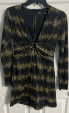 Zara Women’s Sz S Black/Tan Long Sleeve V-Neck Peephole Stretchy Mini Dress