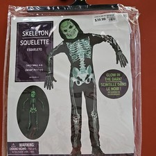 Skeleton Glow in the Dark Child Costume 4-6 Jumpsuit Mask Gloves Halloween 155