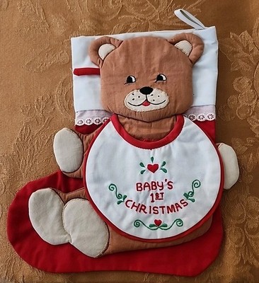 BABY'S 1ST CHRISTMAS VTG 1987 EMBROIDERED TEDDY BEAR STOCKING WITH REMOVABLE BIB