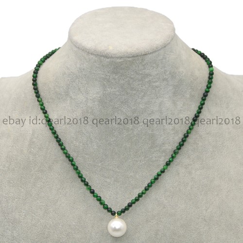 4mm Natural Assorted Gemstone 14mm Round White Shell Pearl Pendant Necklace 18'' - Picture 187 of 198