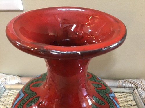Vintage Italian 112 Red Glaze Pottery Vase W/ Blue & Grreen Accents 7 1/2” Tall - Picture 7 of 7