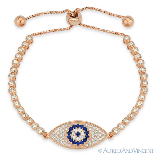 Evil Eye Charm Turkish Nazar Greek .925 Sterling Silver CZ Crystal Bolo Bracelet - Picture 2 of 4