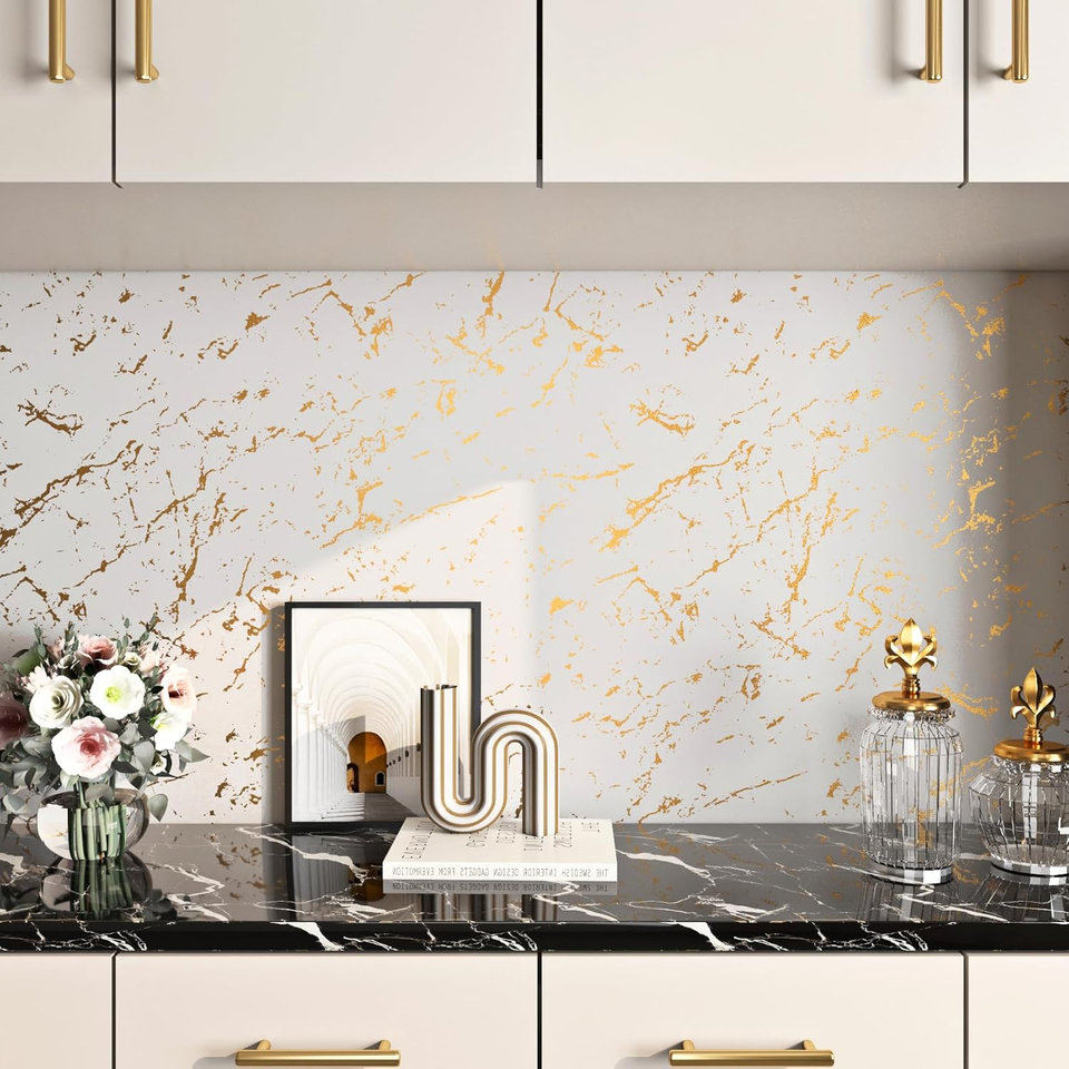24"X200" off White and Gold Marble Peel and Stick Wallpaper Self