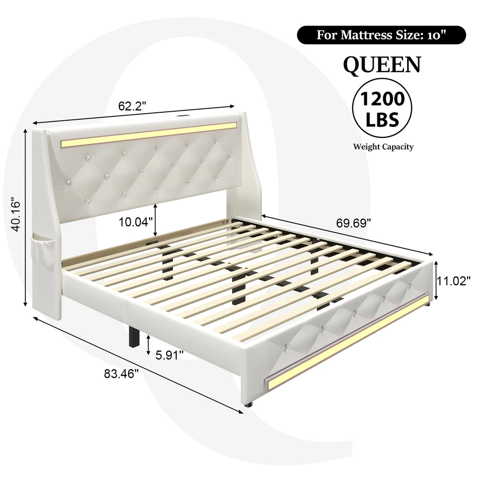 Marco de cama tamaño queen completo con luces LED y estación de carga Foto 3 de 4