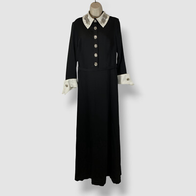 Reem Acra Women's Black Crepe Contrast Embellished Collared Dress Size 12