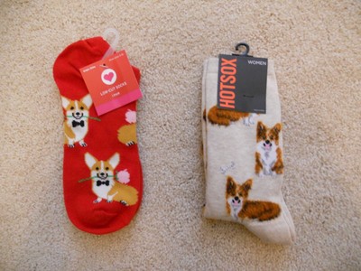 Hotsox Crew Socks Corgi 1 Pair, 4-10 Shoe plus Red Corgi Low Cut Socks - NWT