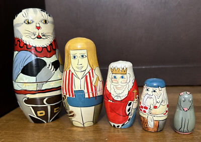 Puss In Boots 5-pc Authentic￼ ￼Models Wood Hand Painted Nesting Dolls 5.5  VTG