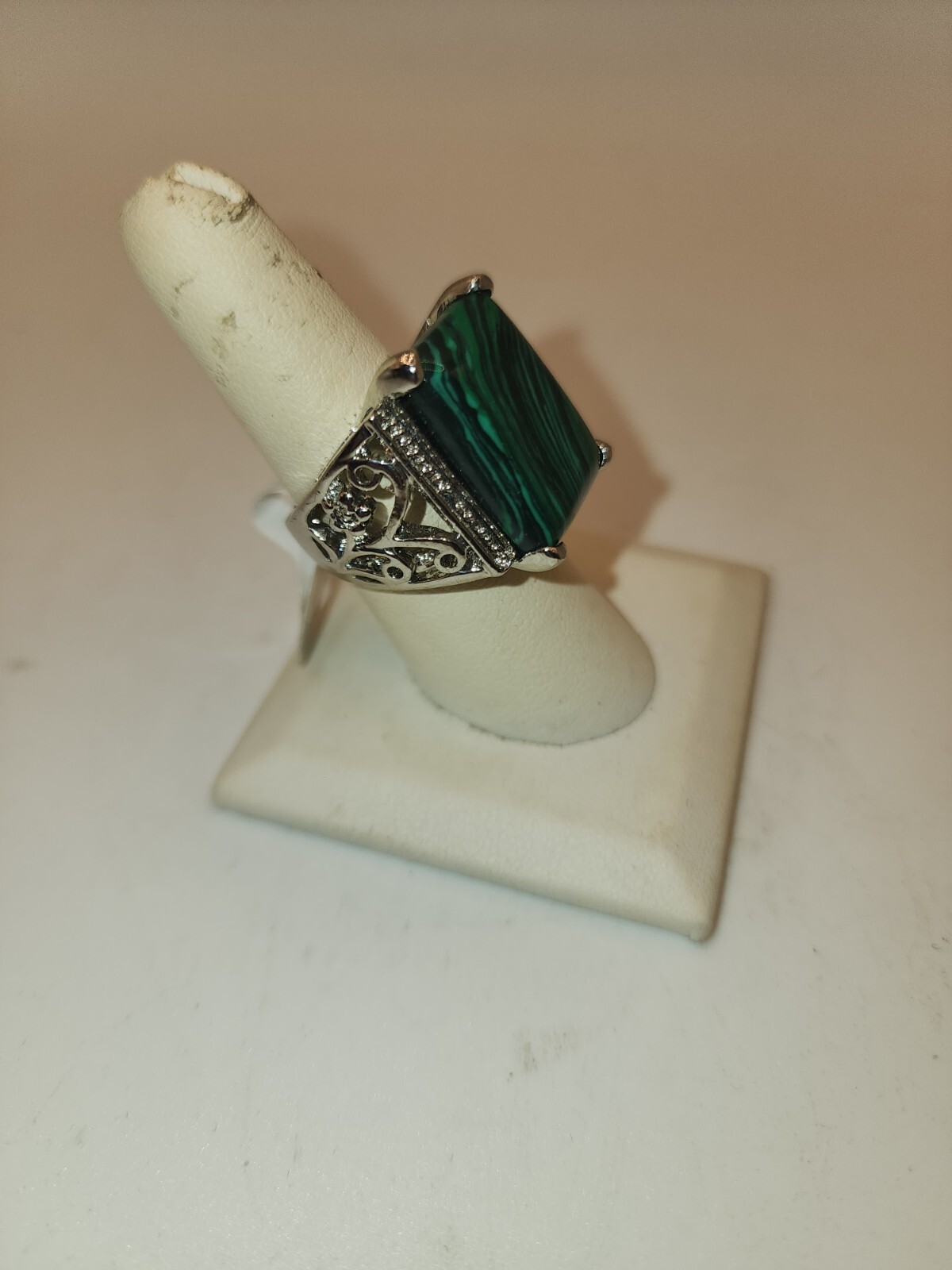 Faux Rectangle Malachite Silver Electroplated Rin… - image 3