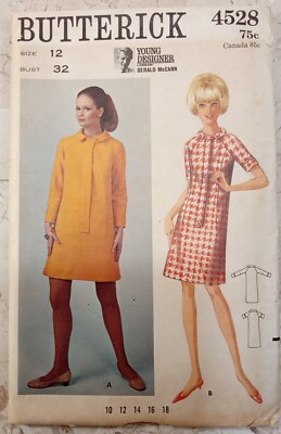 BUTTERICK 4528 Pattern VTG 60s UNCUT One-Piece Dress 12 London Designer McCann