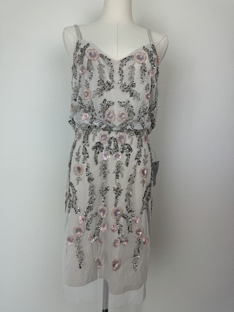 adrianna papell floral beaded blouson dress Blue Flutter Sleeve Floral Beaded Blouson Gown