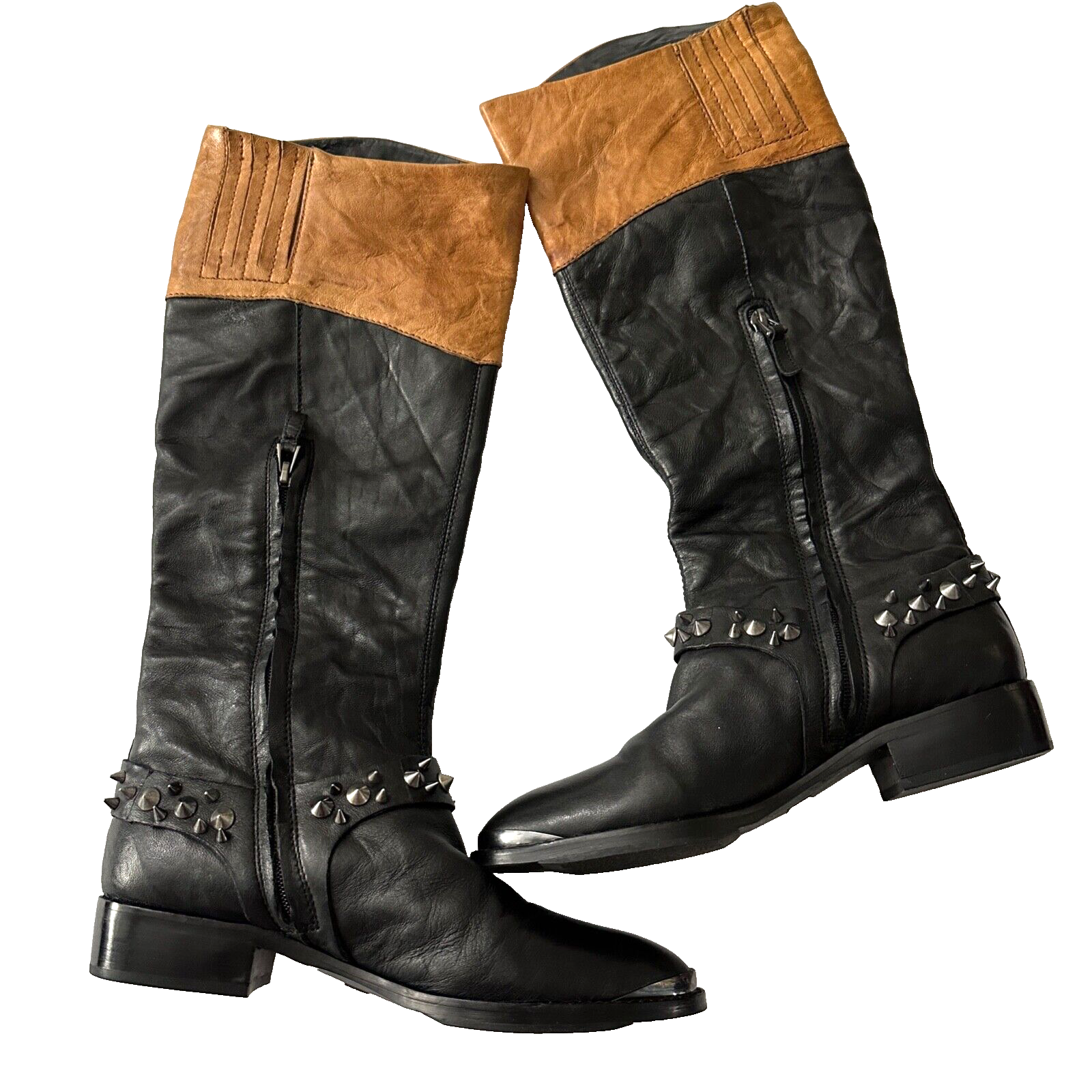 Sam Edelman Park Leather Riding Boot with Spike Detail in Black Tan Size 7.5M