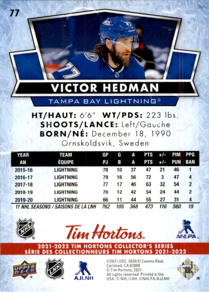 2021-22 Upper Deck Tim Hortons Victor Hedman #77 - Image 2 of 2