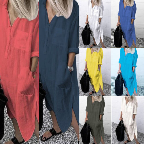 Women's Cotton Linen Maxi Shirt Dress Baggy Casual Kaftan Loose Sundress Size US