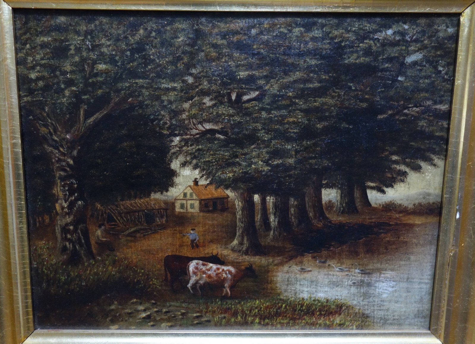 Original Antique Naive Oil Painting on Board Farm Scene Landscape with ...