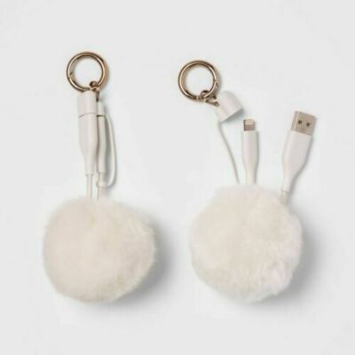 heyday  For Apple iPhone/iPad to USB-A Pom Pom Keychain 4'' Cable - Ivory NWT 