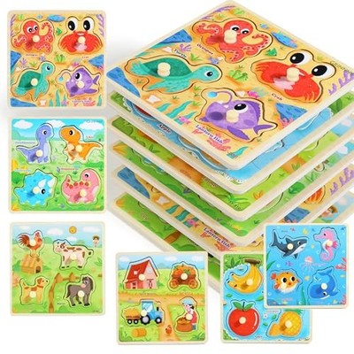6PCS Wooden Toddler Puzzles, Montessori Toys Peg Puzzles for 3-5 Kid, Toddler 